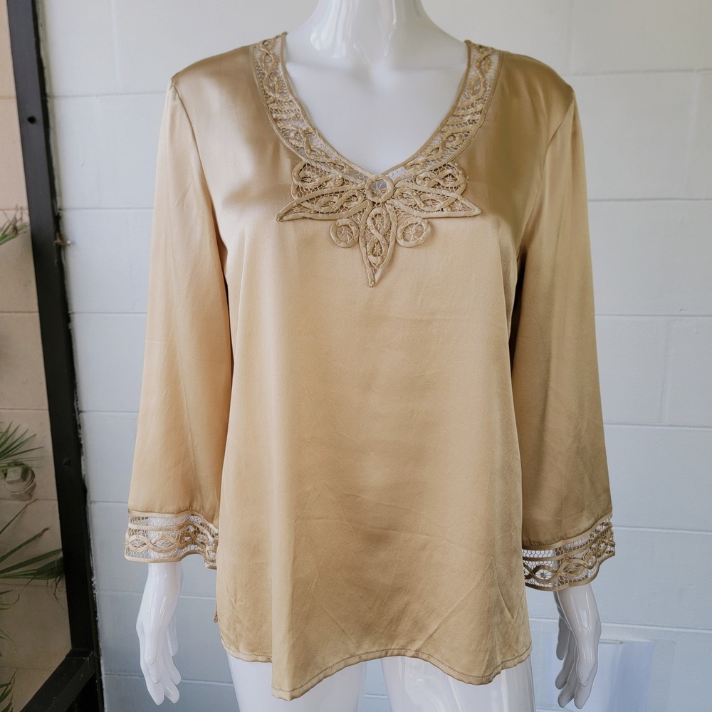 NWT Silkland Blouse Gold Women's L 100% Silk VTG 90s Beaded Lace Soutache Tunic